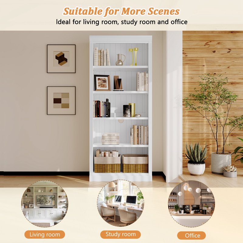 Tall Wood Bookcase with Two Corner Shelf and Adjustable Shelves